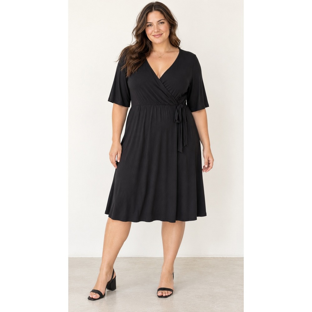 Old Navy Wrap Midi Dress XL Black Short Sleeve V-Neck Jersey Stretch Casual LBD